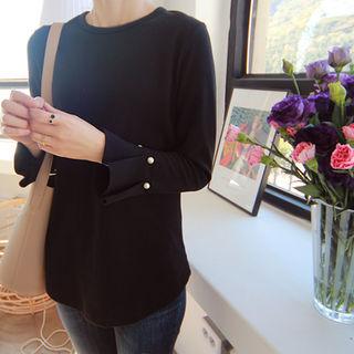 Faux-pearl Trim Pleated-sleeve Top