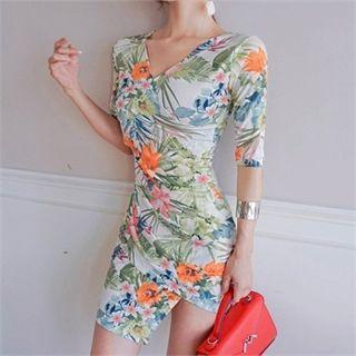 Surplice-wrap Asymmetric-hem Floral-pattern Dress