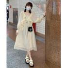Puff-sleeve Ruffled Midi A-line Dress Beige - One Size