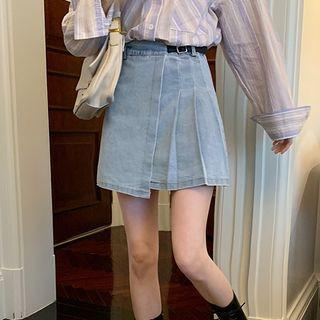 Pleated Asymmetric-hem Denim Skirt
