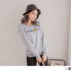 Heart Embroidered Long Sleeve Striped Top