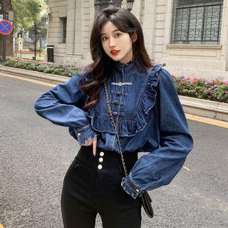 Ruffle Trim Denim Frog-button Blouse Blue - One Size
