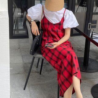 Short-sleeve Blouse / Spaghetti Strap Plaid Dress