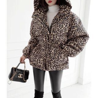 Hooded Leopard Oversized Padded Jacket With Belt Leopard - One Size