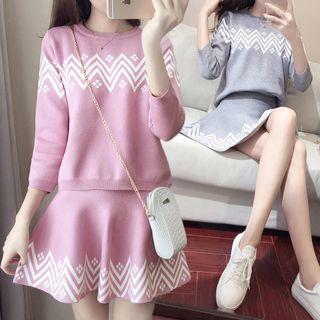 Set: 3/4-sleeve Print Sweater + Mini A-line Skirt