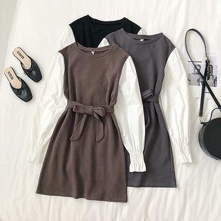 Mock Two-piece Long-sleeve Tie-waist Dress