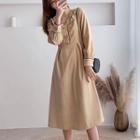 Collared Buttoned Long-sleeve A-line Midi Dress
