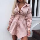 Set: Long-sleeve Plain Mini Shirt Dress + Corset Belt