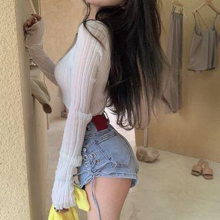 Cropped Knit Cardigan / Lace-up Denim Hot Pants