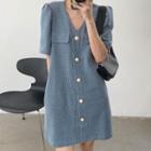Short-sleeve Tweed Button-up Mini Dress