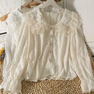 V-neck Plain Lace Pleated Button-up Blouse