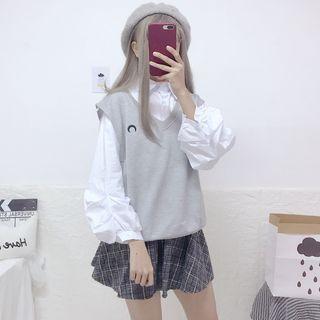 Lantern-sleeve Blouse / Moon Embroidered Vest