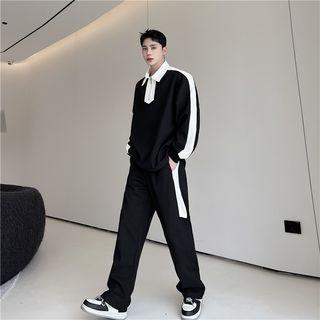 Two-tone Polo Sweatshirt / Straight Leg Pants