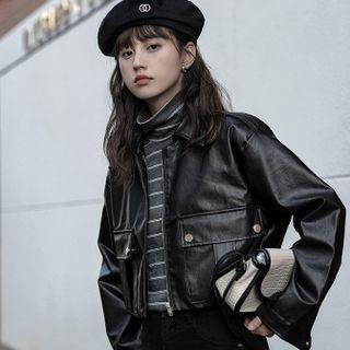Faux Leather Cargo Shirt Jacket