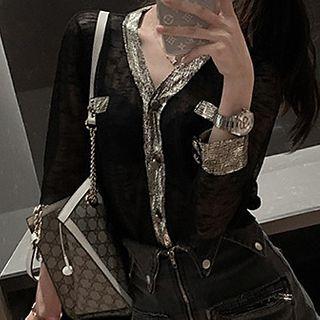 Contrast Trim Long-sleeve V-neck Blouse Black - One Size