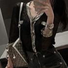 Contrast Trim Long-sleeve V-neck Blouse Black - One Size