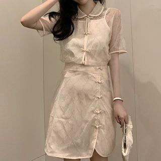 Frog-button Short-sleeve Mesh Blouse / Camisole Top / Mini A-line Skirt / Set