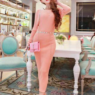Long-sleeve Sheath Midi Knit Dress
