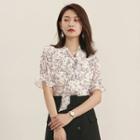 Short-sleeve Tie-neck Floral Print Blouse