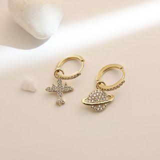 Non-matching Rhinestone Plane & Planet Dangle Earring 1 Pair - Gold - One Size