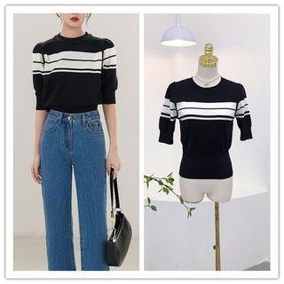 Elbow Sleeve Crew Neck Striped Top
