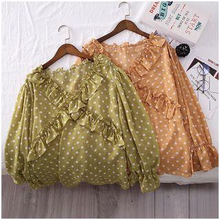 Bell-sleeve Dotted Ruffle Trim Blouse