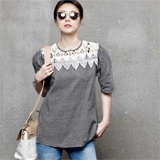 Lace-yoke Linen Blend Check Top