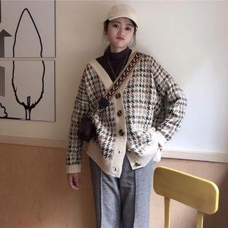 Houndstooth Cardigan Houndstooth - Black & Beige & Brown - One Size