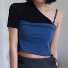 Short-sleeve One-shoulder Cropped T-shirt As Shown In Figure - One Size
