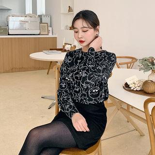 Slit-cuff Face Print Crepe Blouse
