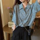 Floral Printed Loose-fit Short-sleeve Shirt Light Blue - One Size