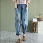Cropped Embroidered Washed Harem Jeans