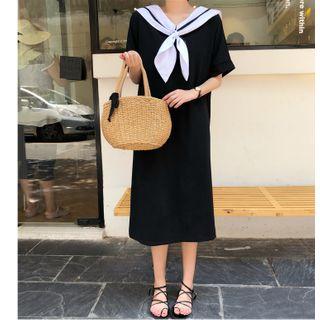 Sailor Collar Short-sleeve Midi T-shirt Dress