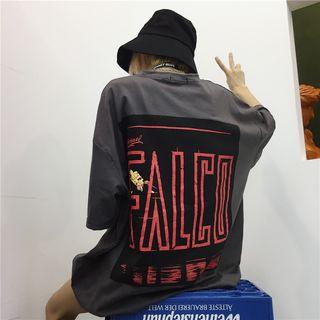 Couple Matching Elbow-sleeve Letter T-shirt Dark Gray - One Size