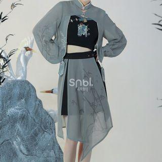 Leaf Print Cropped Blouse / Cropped Camisole Top / Asymmetrical A-line Skirt