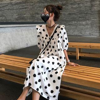 Dot V-neck Loose-fit Midi Dress