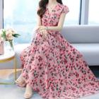 Cap-sleeve Floral Print Maxi A-line Dress