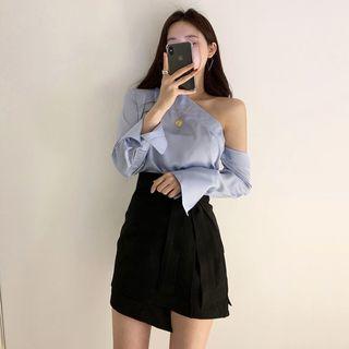 One-shoulder Long-sleeve Blouse / Irregular Skirt