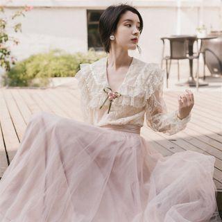 Set: Lace Blouse + Sheer Panel Maxi Skirt