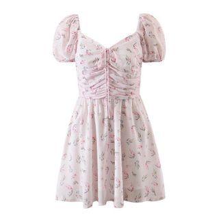 Puff Sleeve Square-neck Floral Print Tie-front Mini Dress