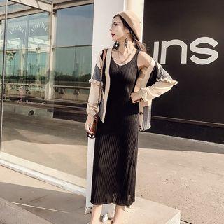 Set: Cardigan + Spaghetti Strap Midi Dress Cardigan - Khaki & Dress - Black - One Size