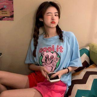 Elbow-sleeve Print T-shirt / Two Tone Shorts