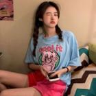 Elbow-sleeve Print T-shirt / Two Tone Shorts