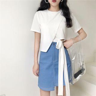 Tie-accent Crop T-shirt / Asymmetric Denim Skirt