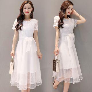 Dotted Lace Short Sleeve A-line Dress