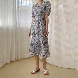 Shirred Floral Midi Wrap Dress Blue - One Size
