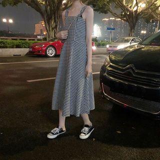 Plaid Sleeveless Midi A-line Dress Plaid - Black & White - One Size