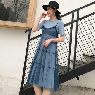 Set: Short-sleeve T-shirt Dress + Sheer Strappy Dress