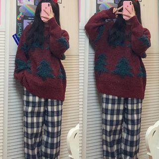 Color-block Knit Sweater / Plaid Pants