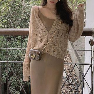 Set: Pointelle Knit Cardigan + Spaghetti-strap Midi A-line Dress